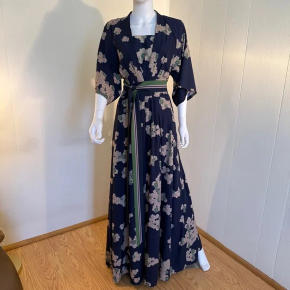 eShakti Wayward Fancies Floral kimono jumpsuit pockets navy green cream deep v - Picture 2 of 12